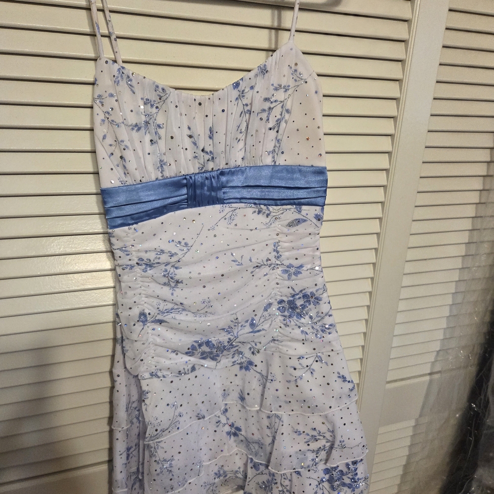 Deb White Dress with Light Blue Floral Print and Blue Satin Waistband